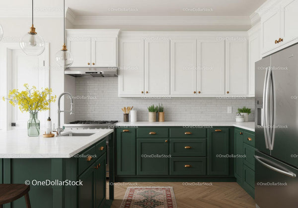 Modern Kitchen with Green Cabinets White Upper Cabinets and Stainless Steel Refrigerator