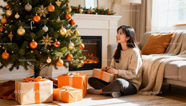 Young woman unwrapping gift by decorated Christmas tree