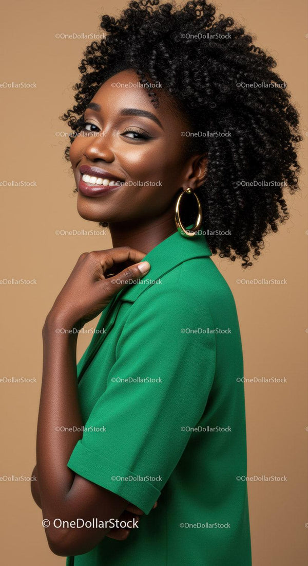 Beautiful African Woman with Natural Curly Hair in Green Blazer