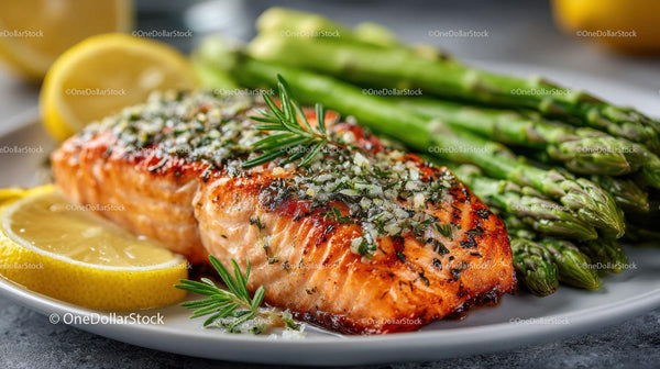 Grilled Salmon Fillet with Fresh Asparagus and Lemon Wedges