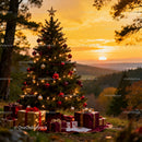 Decorated Christmas tree with gifts at sunset outdoors
