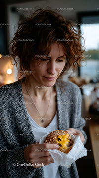 Woman with curly red hair enjoying a cheeseburger indoors in a cozy setting