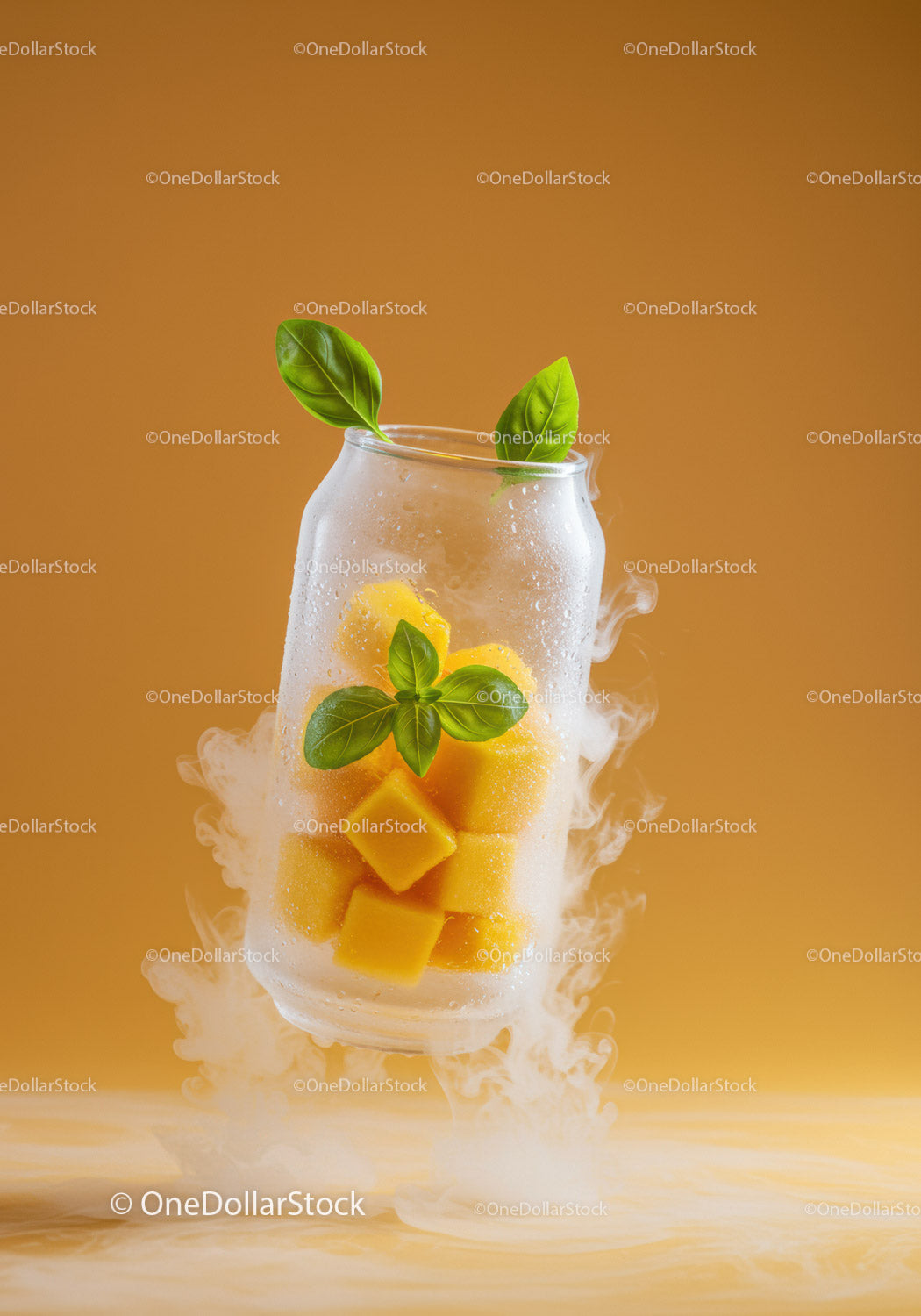 Mrożone kostki mango z liśćmi bazylii w mrożonym szkle