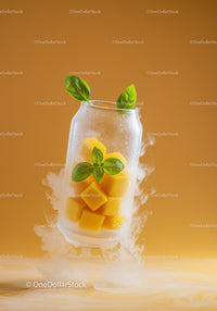 Frozen mango cubes with basil leaves in frosty glass