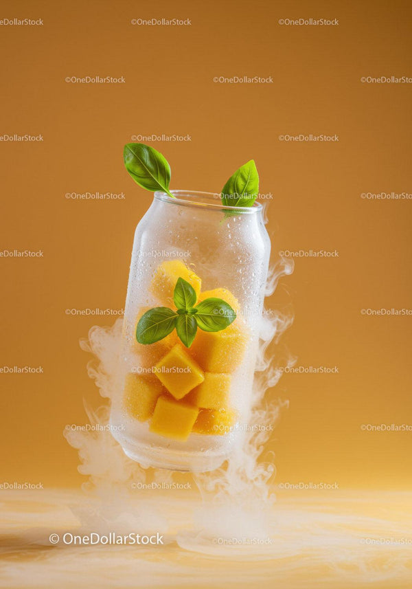 Frozen mango cubes with basil leaves in frosty glass
