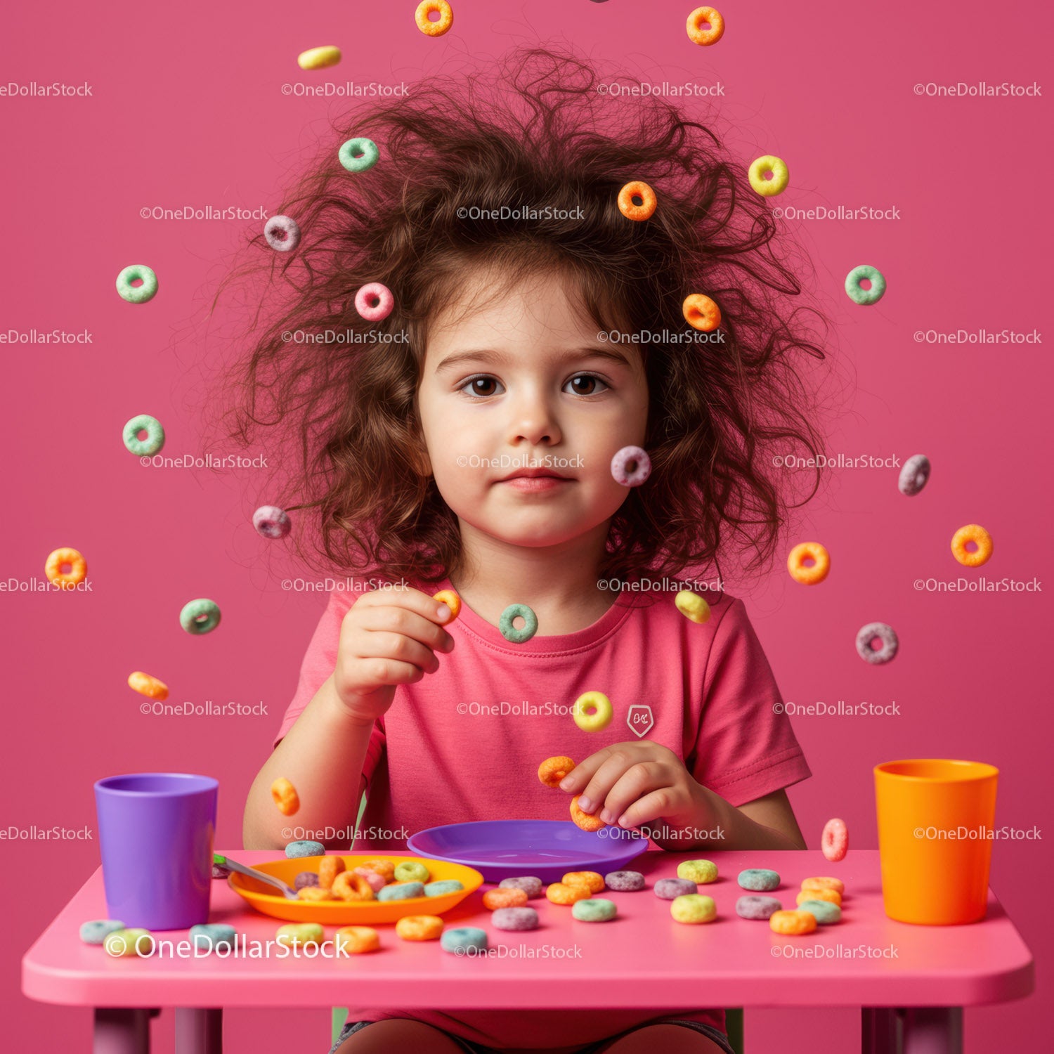 Curly-haired child playing with colorful cereal rings