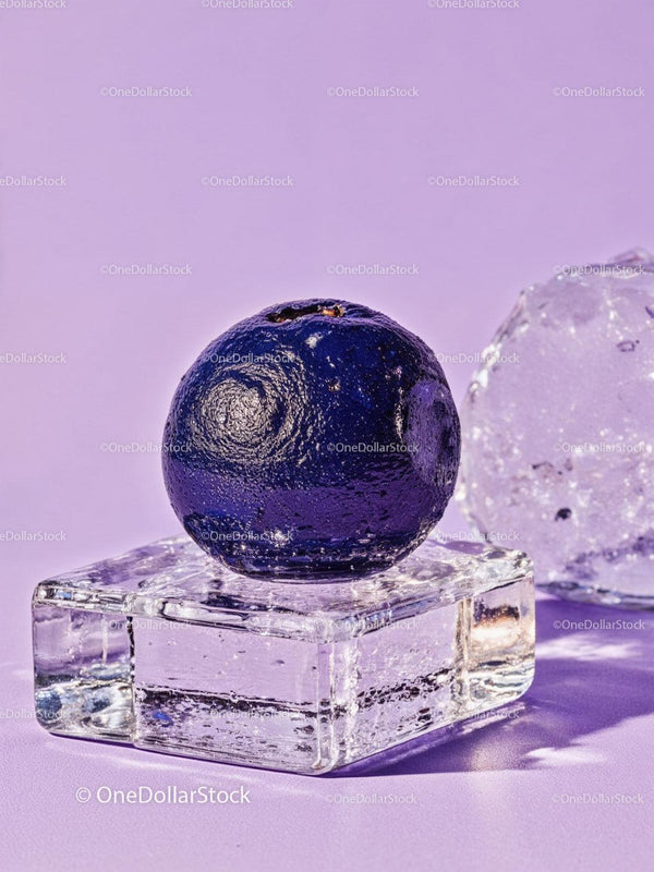 Close up of blueberry on ice cube with lavender background