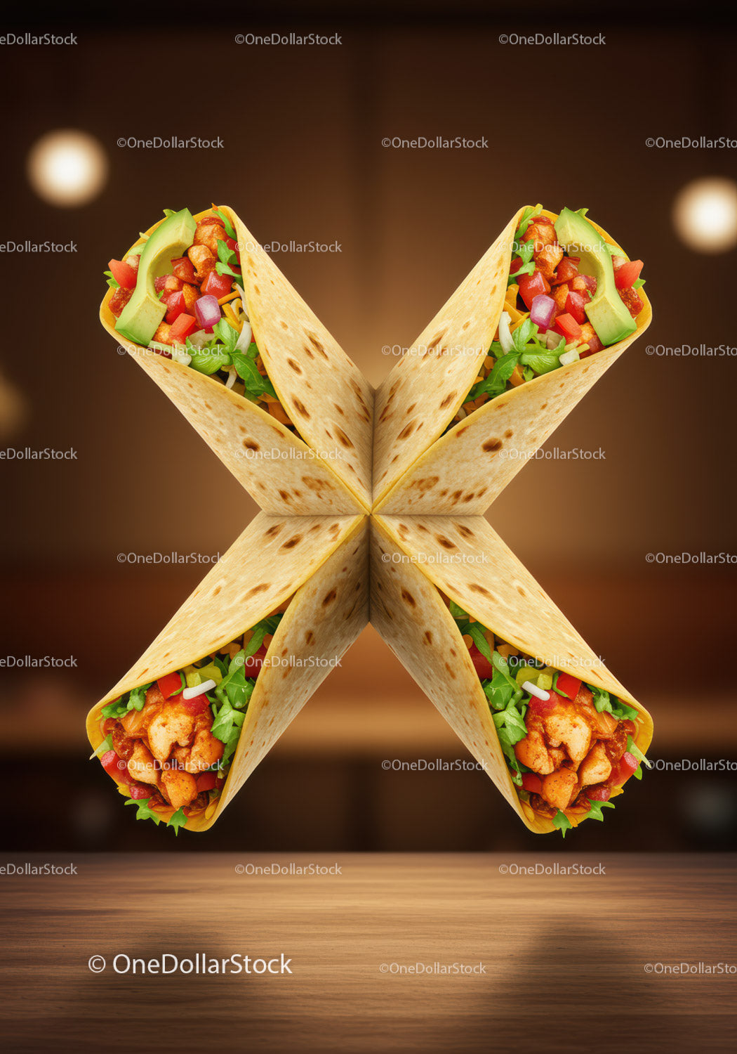 Cztery burrito z kurczakiem ułożone w symetryczny wzór krzyża