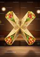 Four Chicken Burritos Arranged in Symmetrical Cross Pattern