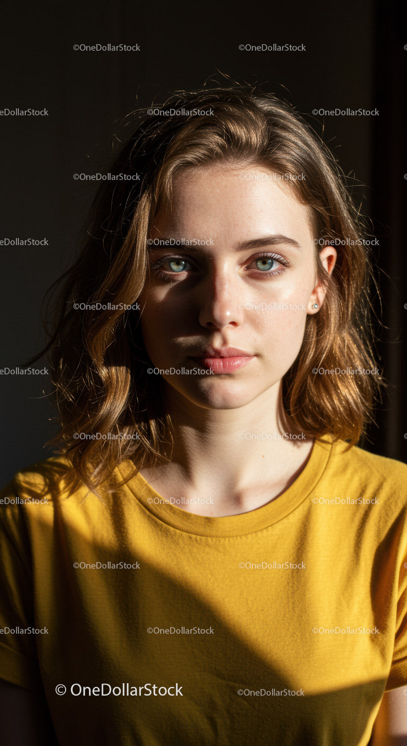 Portret młodej kobiety o niebieskich oczach w żółtej koszulce