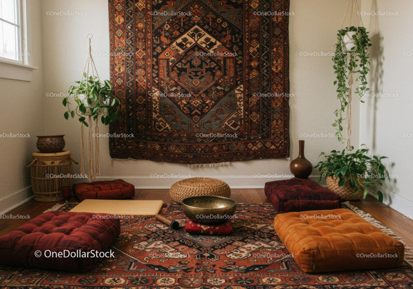Cozy meditation corner with floor cushions and plants