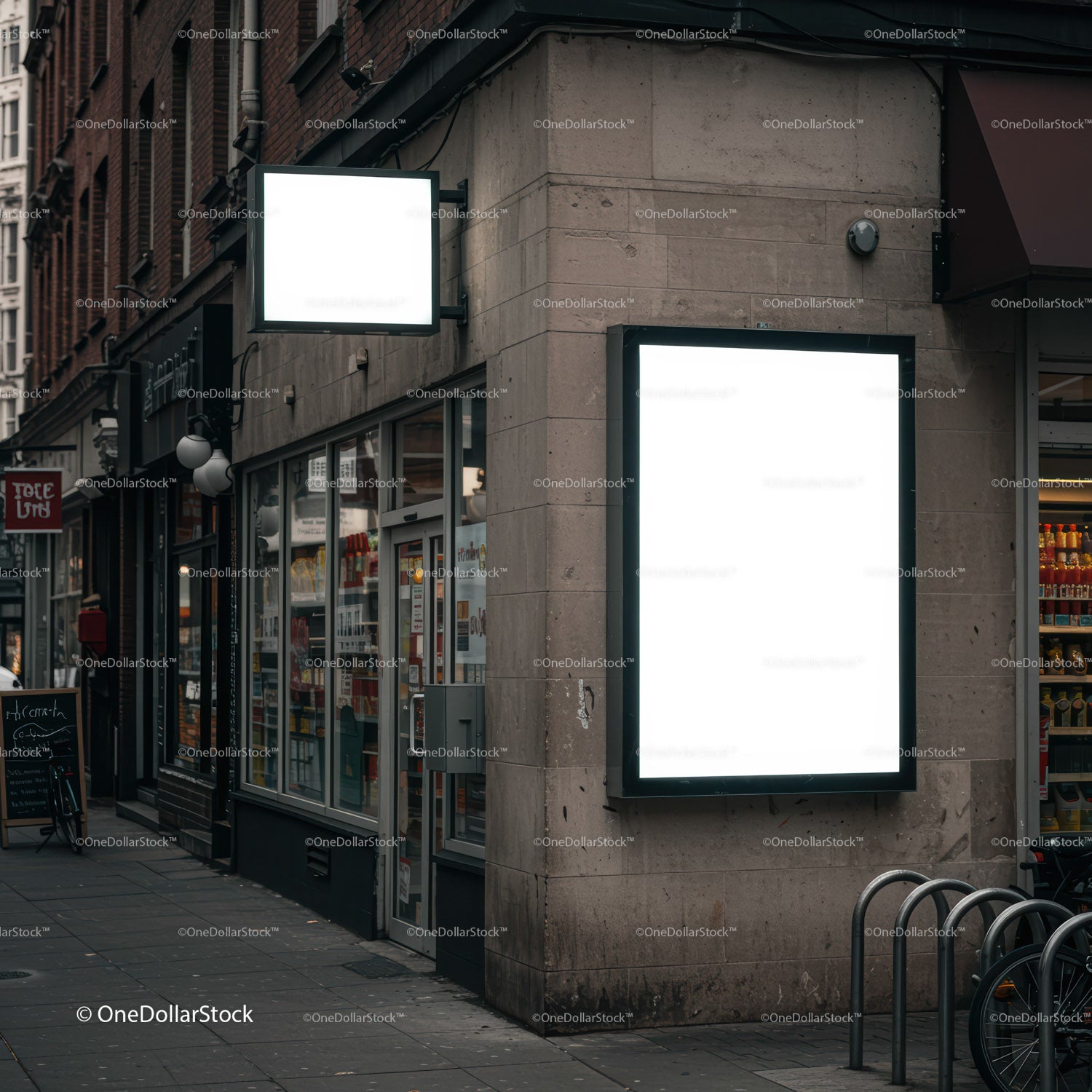 Empty illuminated advertising signs on urban street corner