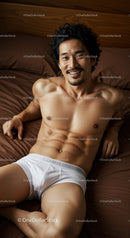 Smiling man relaxing on bed in white underwear