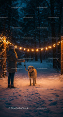 Evening winter walk with dog under glowing lights