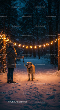 Evening winter walk with dog under glowing lights