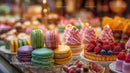 Colorful Macarons and Fruit Tart on Dessert Display