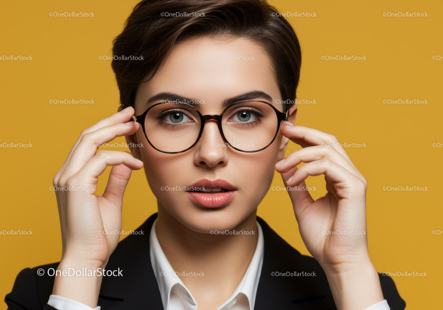 Stylish Woman with Glasses Portrait on Bright Yellow Background