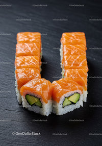 Fresh salmon sushi rolls with avocado on black plate