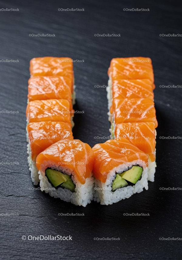 Fresh salmon sushi rolls with avocado on black plate