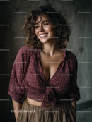 Happy Woman with Curly Hair Smiling Wearing Casual Clothes