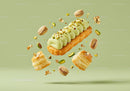 Pistachio eclair with puff pastry and nuts floating