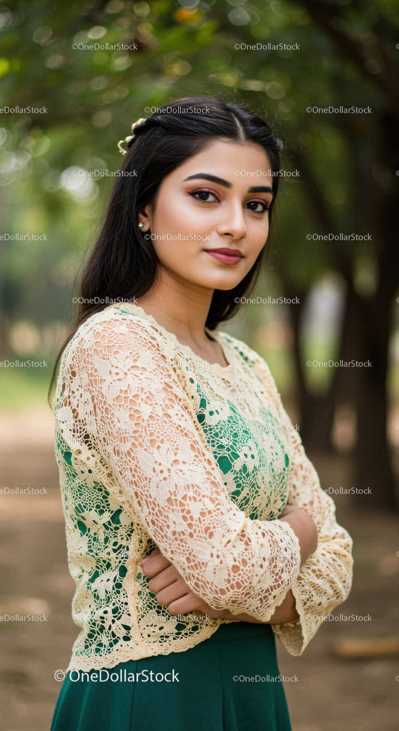 Elegant Young Woman in Casual Green Outfit in Park