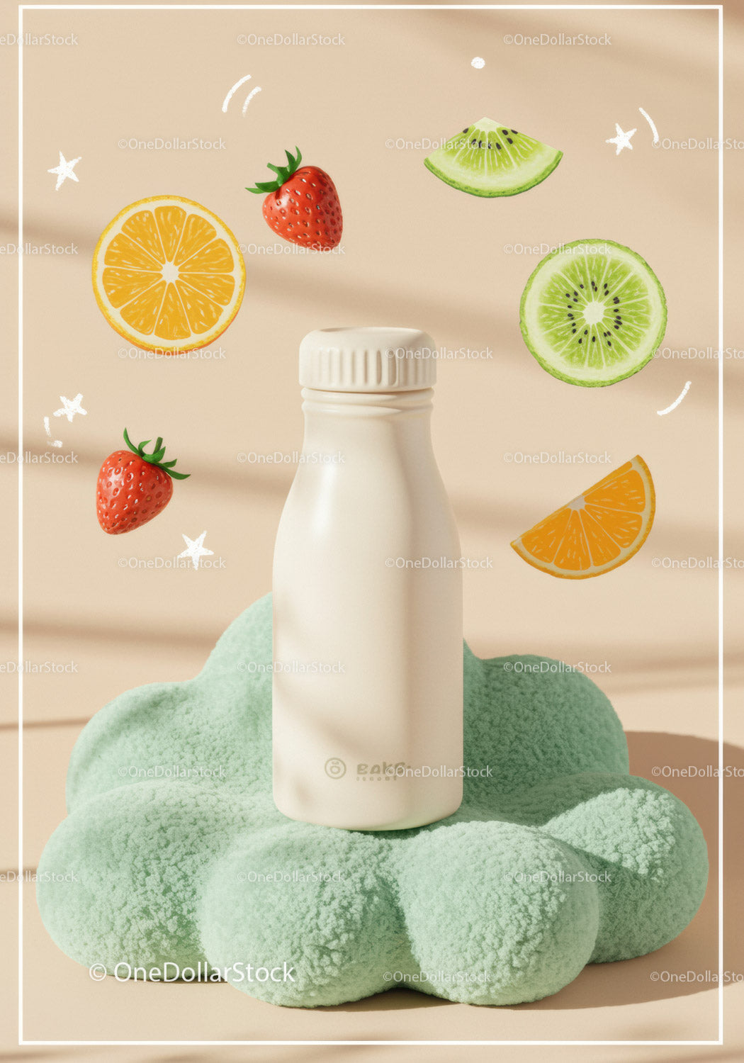 Minimalist bottle surrounded by fresh fruit illustrations