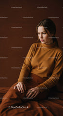 Elegant Woman in Brown Sweater Sitting Thoughtfully Against Warm Background