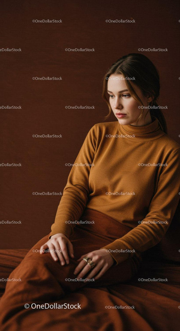 Elegancka kobieta w brązowym swetrze siedzi zamyślona na ciepłym tle