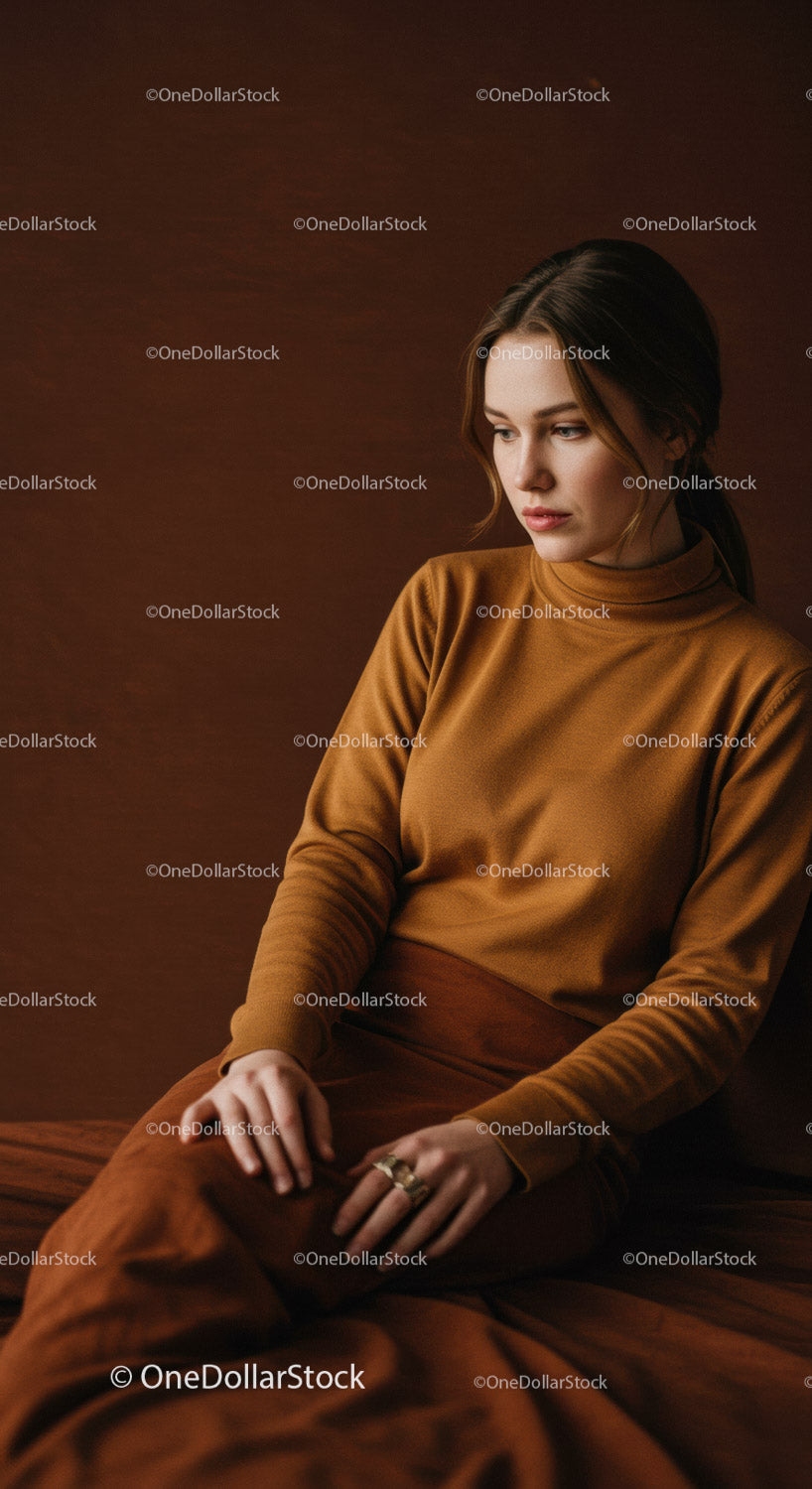 Elegant Woman in Brown Sweater Sitting Thoughtfully Against Warm Background