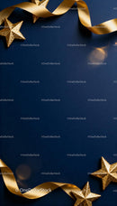 Festive golden stars and ribbon on dark blue background