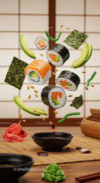 Fresh sushi rolls with avocado and soy sauce drops
