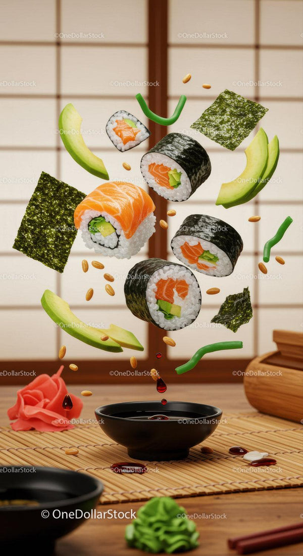 Fresh sushi rolls with avocado and soy sauce drops