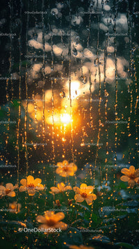 Sunset Over Rain-Kissed Garden with Orange Flowers