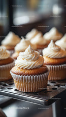 Delicious Vanilla Frosting Cupcakes on a Metal Tray