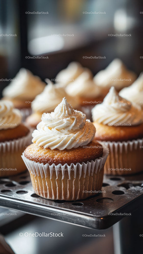 Delicious Vanilla Frosting Cupcakes on a Metal Tray