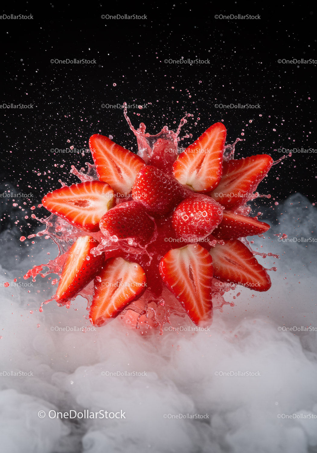 Fresh strawberries splashing in vibrant liquid burst