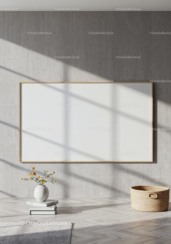 Minimalist room with blank canvas and natural light JPG Mockup Image