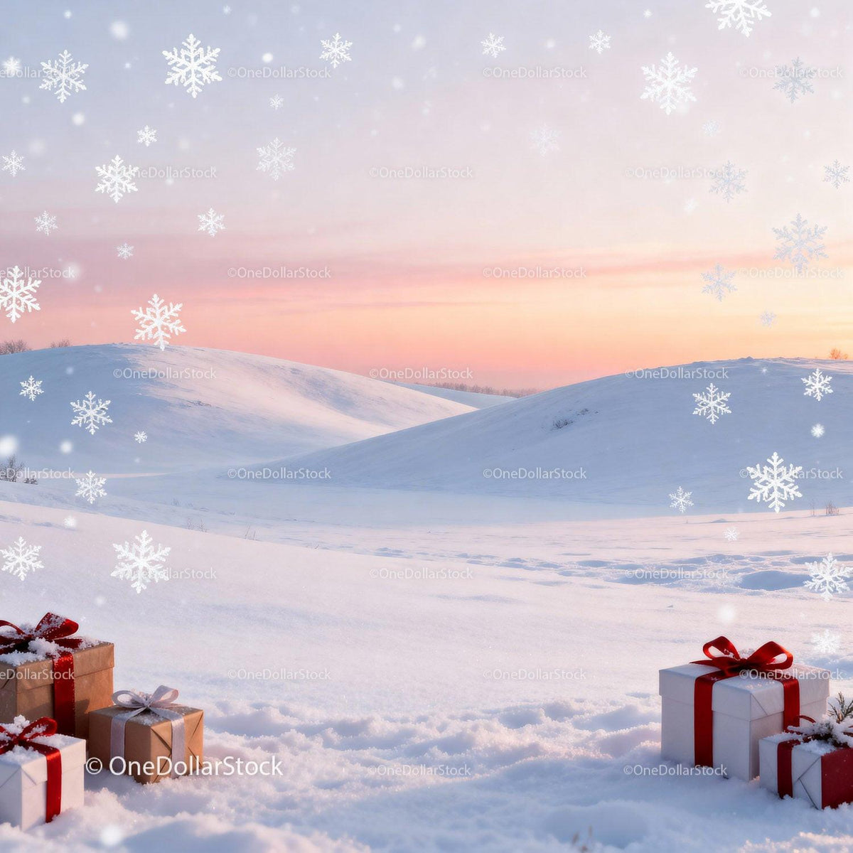 Winter landscape with gift boxes under pastel sunset sky