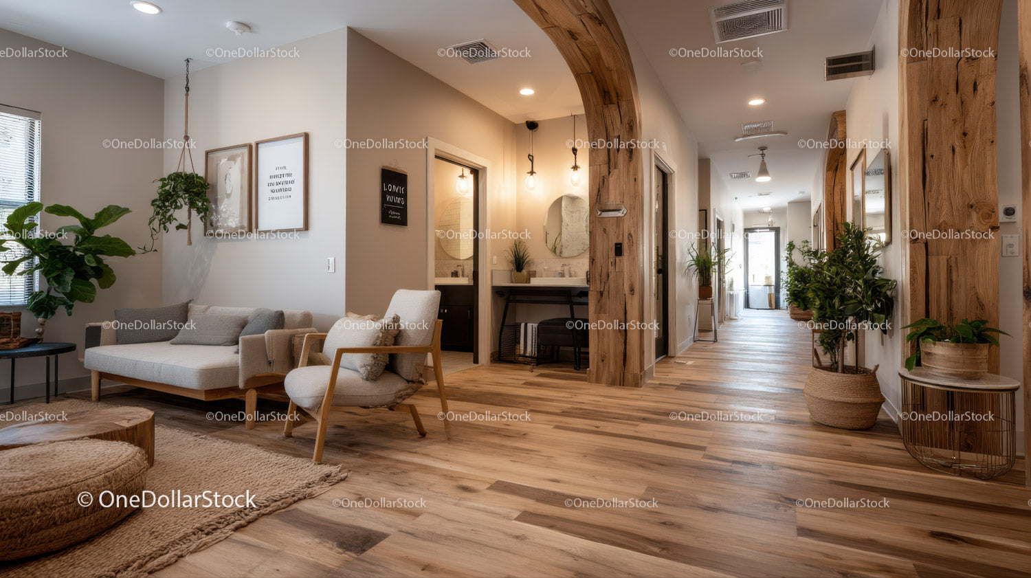 Modern Cozy Home Interior with Wooden Floors and Green Decor