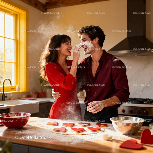 Couple Baking Heart Cookies Together in Cozy Kitchen