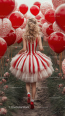 Girl Walking in a Field of Red Heart Balloons Wearing a Red and White Dress