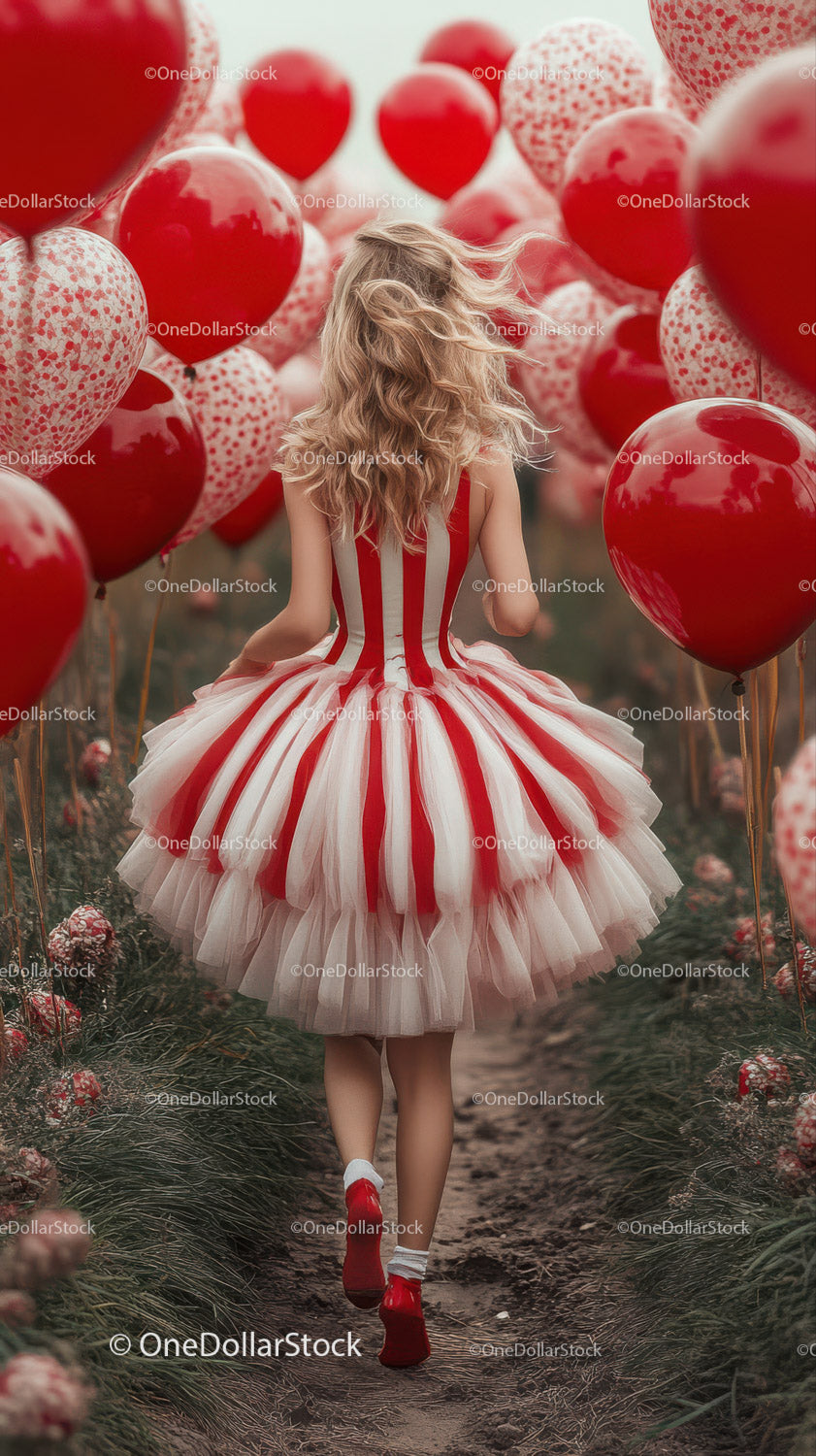 Girl Walking in a Field of Red Heart Balloons Wearing a Red and White Dress