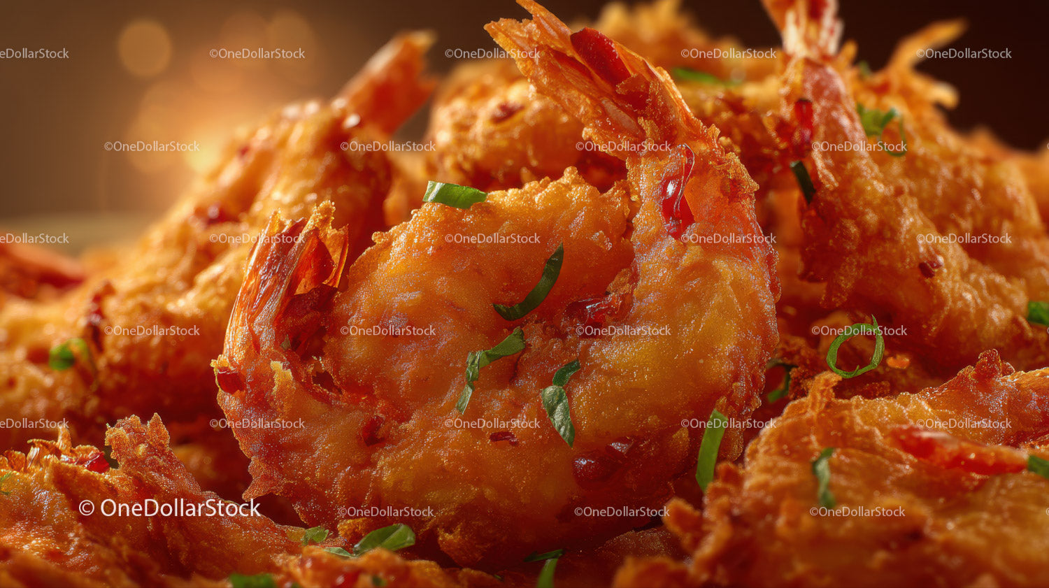 Crispy Fried Shrimp with Green Garnish in Close-up for Food Photography