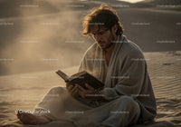 Serene Man Reading Book on Desert Sand Dune During Sunset