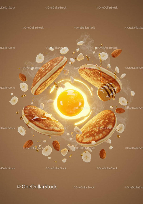Floating Pancakes with Egg Yolk and Nuts in Warm Light