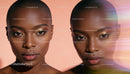 Two portraits of a woman with golden eyeshadow and glowing skin