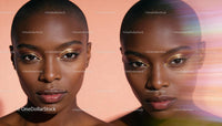 Two portraits of a woman with golden eyeshadow and glowing skin