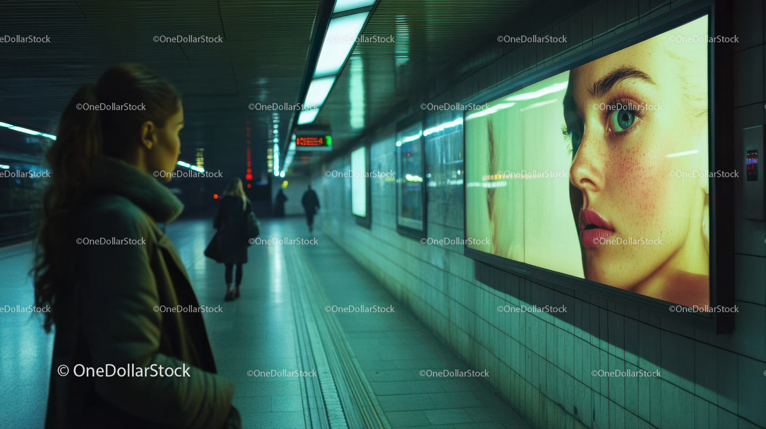 Woman Waiting in Subway Station with Digital Billboard Display