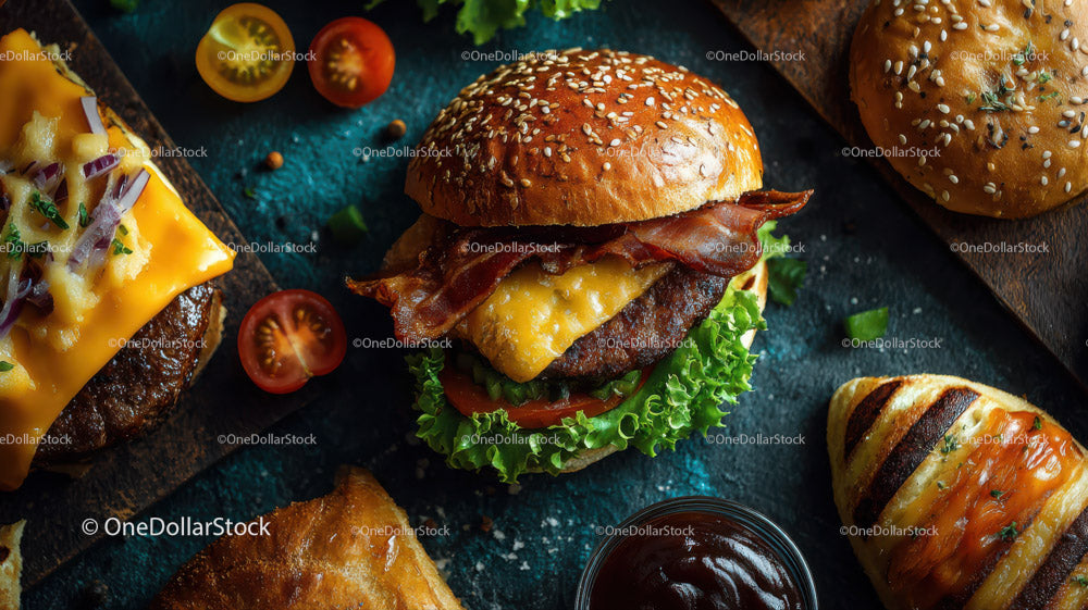 Gourmet Cheeseburger with Bacon and Fresh Vegetables on Dark Surface